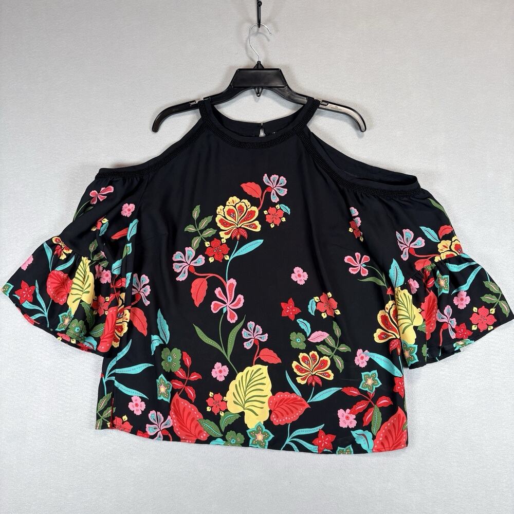 7th Avenue NY & Co Women's Large Black Floral Cold Shoulder Bell Sleeve Top